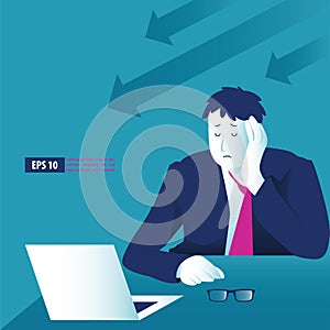 Bankruptcy vector illustration  concept. Businessman with broke company. global financial crisis with arrow decrease symbol.