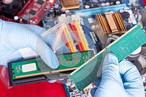 Banks of memory in hands before inserting to PC mainboard
