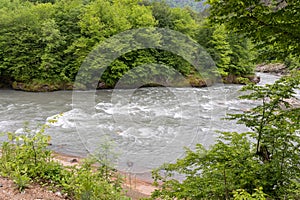 mountain river swift current, whirlpools in the flow of water in a granite canyon photo