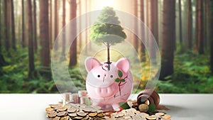 Banks and piggy banks broken pigs with trees sprouting out in the future growth concept of future savings on background of forest