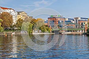 Banks of the river Spree Bundesratufer with Lessing bridge, buildings of the NCR Corporation and the House Lessing