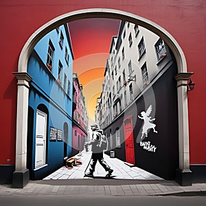 A banksy art with street and building, optical illusions, silhouette of a man cross by