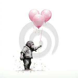 Banksy-inspired Chimp Clinging To Pink Balloons: A Monochromatic Harmony