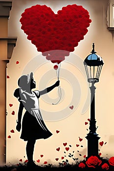 A banksy street art of a girl with a heart-shaped of rose flower, with street in background, old street lantern, love scene