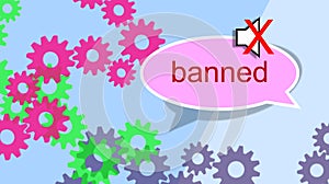 Banned. Speech balloon muted. Audio, speaker symbol in dialog balloons. Silencing, censoring, expelling or banning.