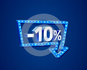 Banner 10 off with share discount percentage, neon signboard arrow.