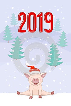 Banner 2019 with cute piggy on the winter landscape