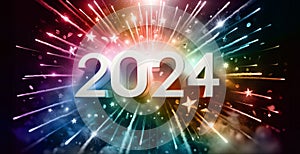 Banner 2024 in colorful Stardust, Fireworks, and Stars in New Year\'s Eve celebration