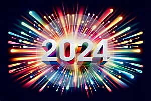 Banner 2024 in colorful Stardust, Fireworks, and Stars in New Year\'s Eve celebration