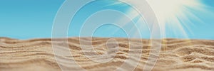 Banner 3:1. Tropical sandy beach with blurry blue ocean, sky and sun beams. Summer background. Soft focus