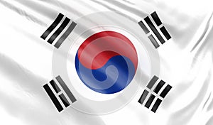 Banner. 3d illustration. Realistic flag. South Korea flag blowing in the wind. Background silk texture