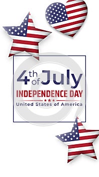 Banner 4th of july usa independence day. Fourth of july, USA national holiday. Light background with stars, heart american flag