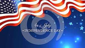 Banner 4th of july usa independence day, vector template with american flag on blue shining starry background. Fourth of july, USA