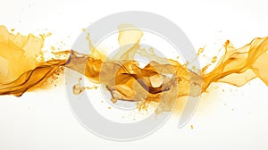 Banner with abstract background explosion of gold ink, paint in water on white background