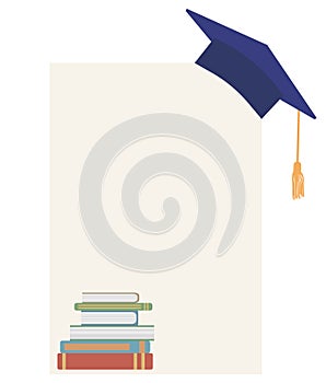 Banner with academic graduation cap and books. Vector illustration