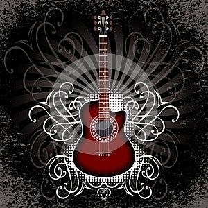 Banner with acoustic guitar on black background