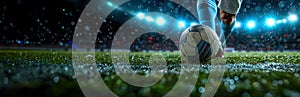 Banner. Action photo of soccer player kicking ball in stadium with aim to score goal. Cropped image of foots of football