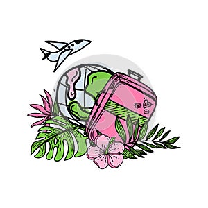 Banner for advertising world tourism, travel with a cartoon suitcase and tropical flowers and leaves. Flying airplane