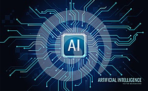 Banner with AI microchip. Tech blue background with artificial intelligence on motherboard, CPU processor or