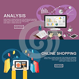 Banner for analysis and online shopping. Flat design illustration concepts for business, finance, online shopping, e-commerce