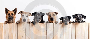 Banner with animals and pets. different breeds of dog peek out from behind a wooden fence