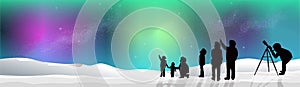 BANNER Aurora Northern Lights with Snow at Night silhouette people looking at stars