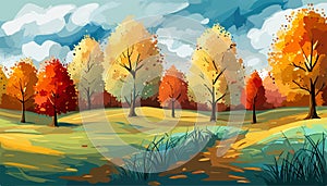 banner Autumn Landscape Forest Blue Cloud Sky on the background of hills and mountains yellow trees