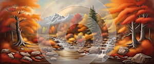 Banner Autumn Landscape Forest Mountain River Road And Orange Tree. Generative AI