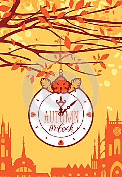 Banner with autumn urban scape and clock