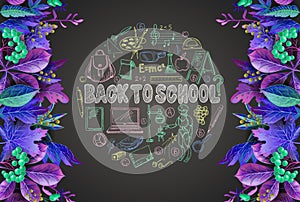 Banner back to school with realistic leaves and school supplies