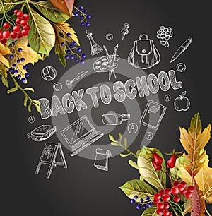 Banner back to school with realistic leaves and school supplies