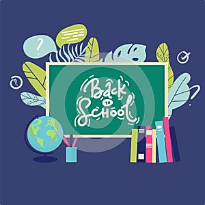 Banner back to school text drawing by colorful chalk in blackboard with school items and elements. Vector illustration banner
