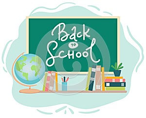 Banner back to school text drawing by colorful chalk in blackboard with school items and elements. Vector illustration banner
