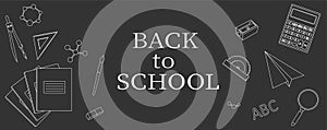 Banner back to school vector illustration black and white coloring. Stationery items paint pencils notebooks paper plane scissors