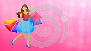 Banner or background. Illustration of a woman with shoppings bags on a pink bokeh background. Isolated drawing of a girl going