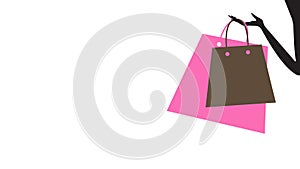 Banner, background or poster with an illustration of a hand with two shoppings bags. Copy space. Concept of shopping. Isolated arm