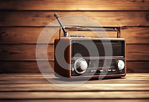 banner background table wooden wall 3d illustration oarange Radio old fashioned vintage retro music copy space wood three-