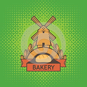 Banner for bakery shop with mill, baguette and ears
