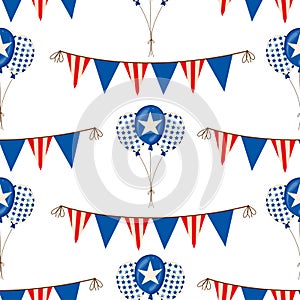 Banner, balloons, hearts, bunting Or Flags In Red White And Blue Patriotic Colors seamless pattern