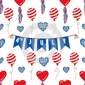 Banner, balloons, hearts, bunting Or Flags In Red White And Blue Patriotic Colors seamless pattern