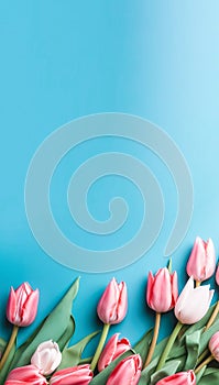 Banner. Beautiful pink and white tulips on blue background. Easter background with spring flowers. Happy Easter