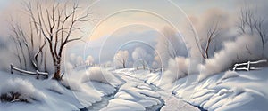 Banner Beautiful snow landscape with forest and river, winter wallpaper