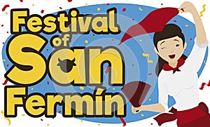 Happy Spaniard Lady Celebrating San Fermin Festival under Confetti Shower, Vector Illustration photo