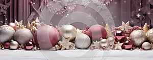 Banner with beautiful stylish New Year background with pink, white and purple Christmas balls and stars. Generated AI