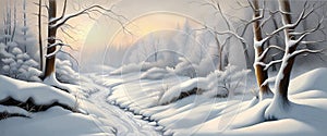 Banner beautiful winter landscape with snow trees and river generative ai.