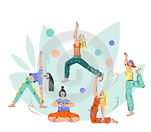 Banner with beautiful women practising various yoga poses, flat vector illustration isolated. on white background. Women doing