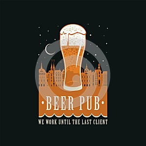 Banner for beer pub with beer glass and old town