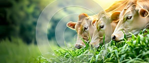 Banner Beige Brown Swiss Cows Eating Green Fresh Grass In Meadow, Trees on Background