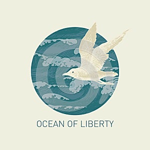 Banner with big hand-drawn seagull and sea waves