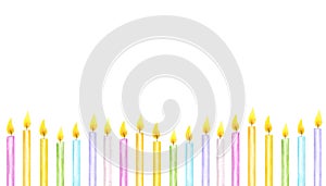 Banner birthday burning candles in a row. Pastel rainbow colors. Happy birthday sketch. Hand drawn watercolor